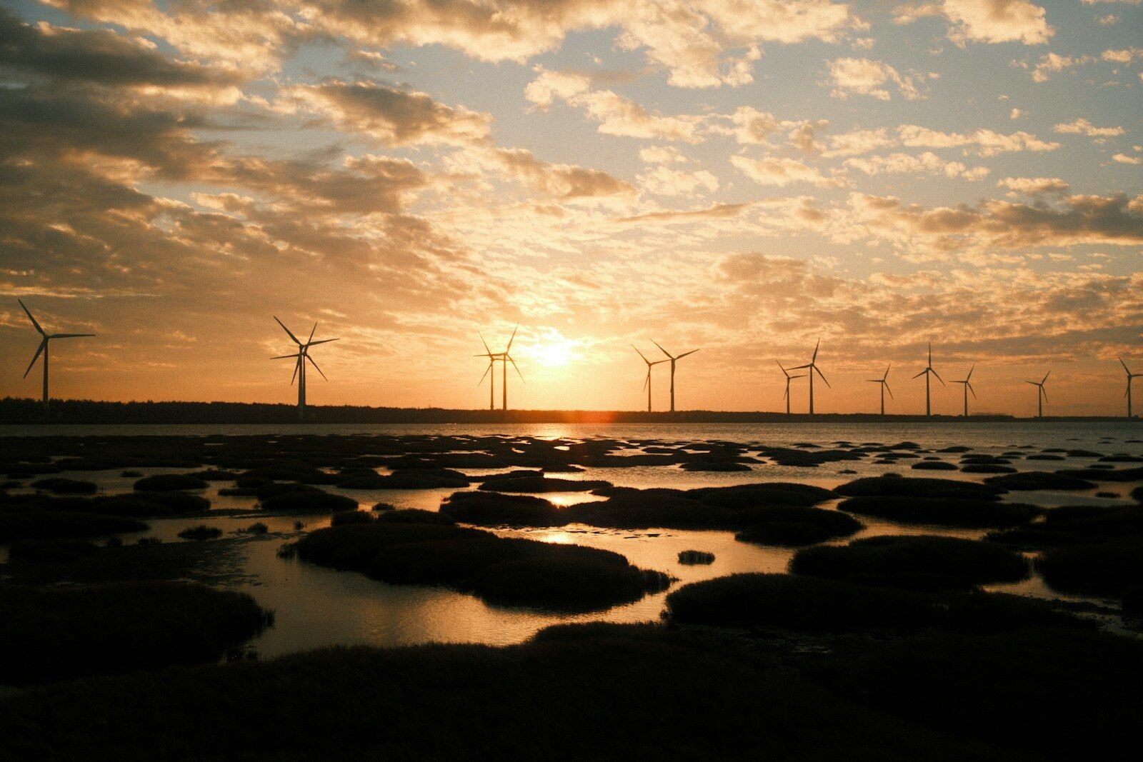 Wind turbines silhouetted against a sunset over water.
